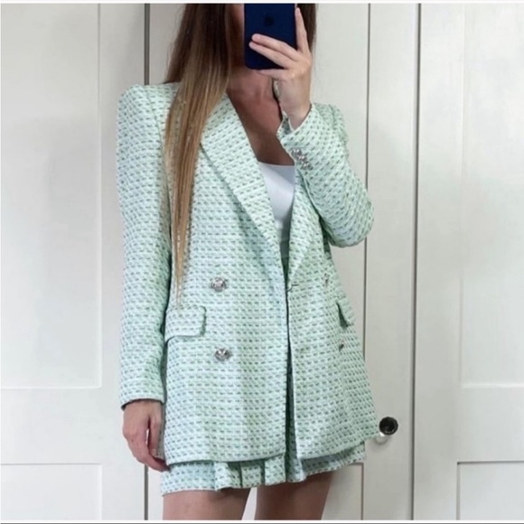 ZARA SET 2 Pc Co-Ord Suit Mint Green Textured Tweed Blazer & Pleated Mini Skirt - Picture 3 of 17